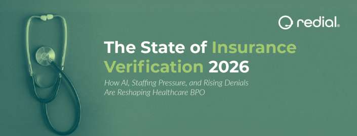 Banner for a report: The State of Insurance Verification 2026; subtitle notes AI, staffing pressure, and denials; stethoscope on the left with Redial logo.